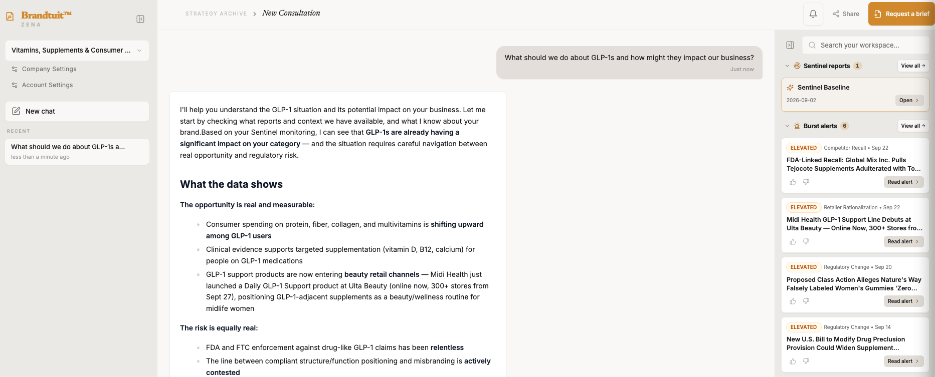 Ask Zena answering a question about GLP-1s, with Sentinel reports and Burst Alerts alongside